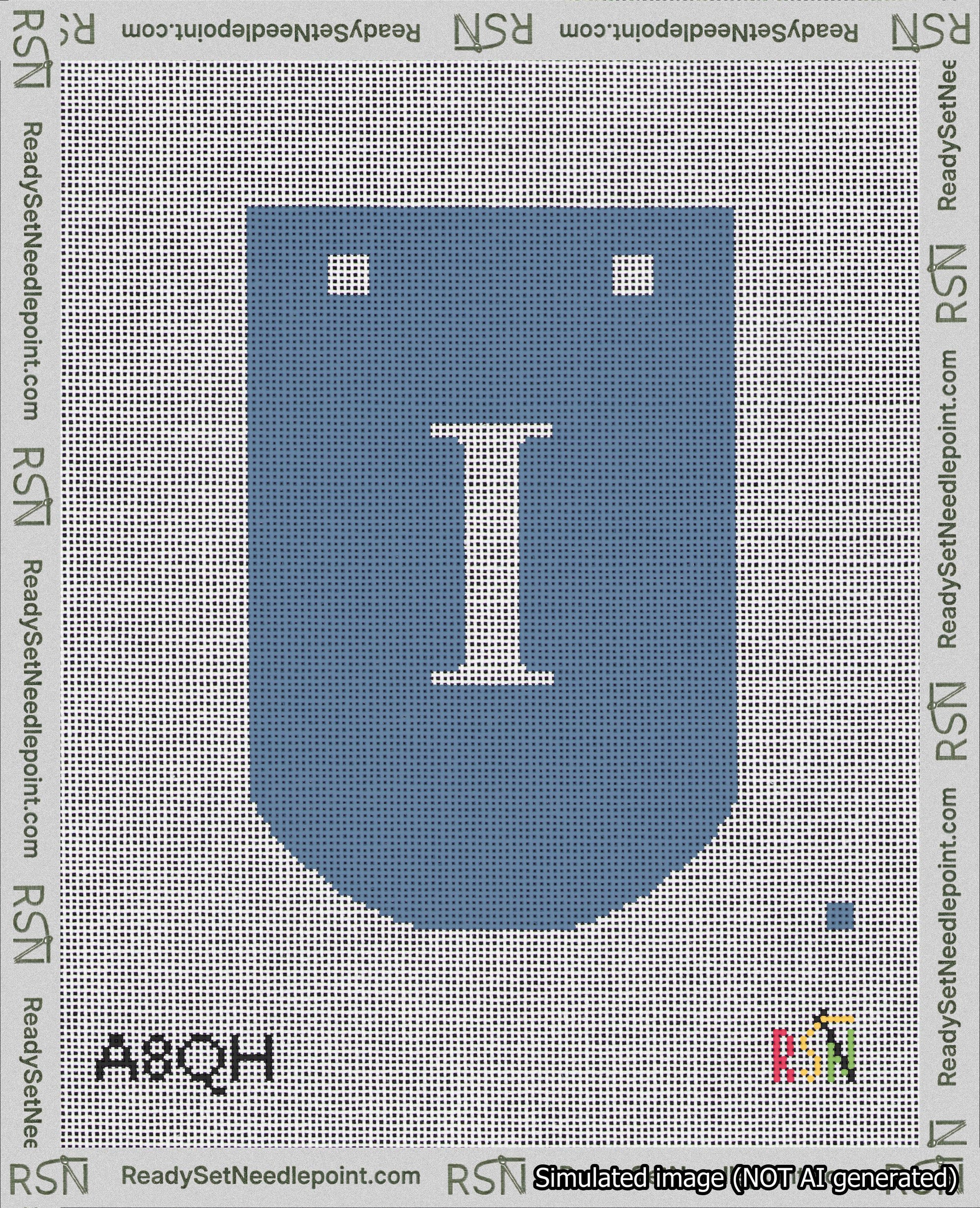 A taped needlepoint canvas with the design: Banner 18 mesh count Curved I White on Blue.