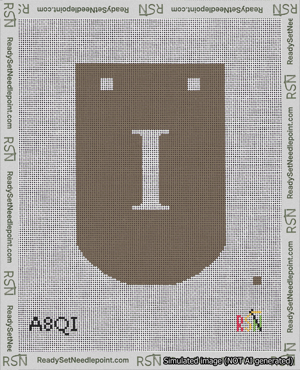 A taped needlepoint canvas with the design: Banner 18 mesh count Curved I White on Brown.