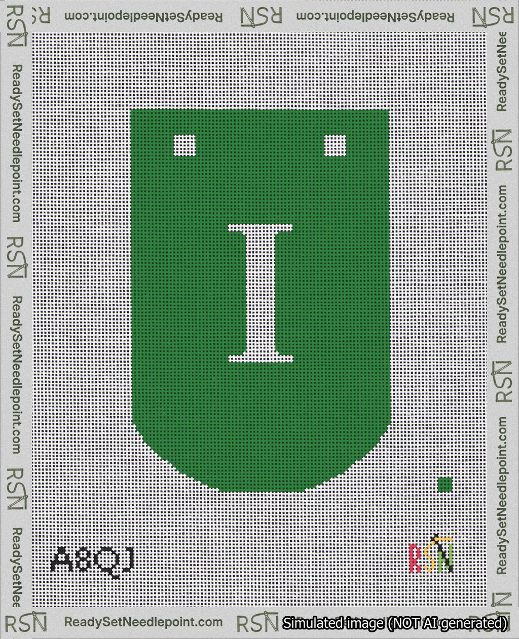 A taped needlepoint canvas with the design: Banner 18 mesh count Curved I White on Green.