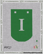 A taped needlepoint canvas with the design: Banner 18 mesh count Curved I White on Green.