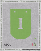 A taped needlepoint canvas with the design: Banner 18 mesh count Curved I White on Light Green.