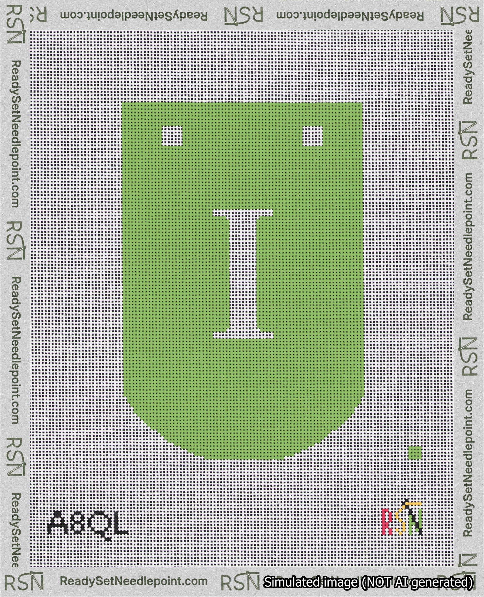 A taped needlepoint canvas with the design: Banner 18 mesh count Curved I White on Light Green.