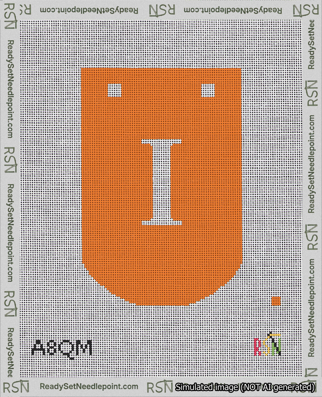 A taped needlepoint canvas with the design: Banner 18 mesh count Curved I White on Orange.
