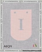 A taped needlepoint canvas with the design: Banner 18 mesh count Curved I White on Pink.