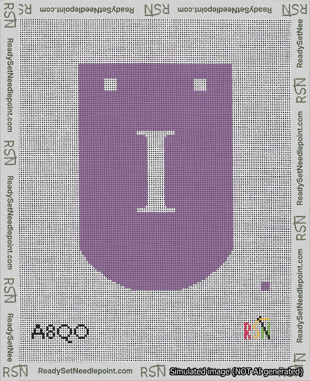 A taped needlepoint canvas with the design: Banner 18 mesh count Curved I White on Purple.