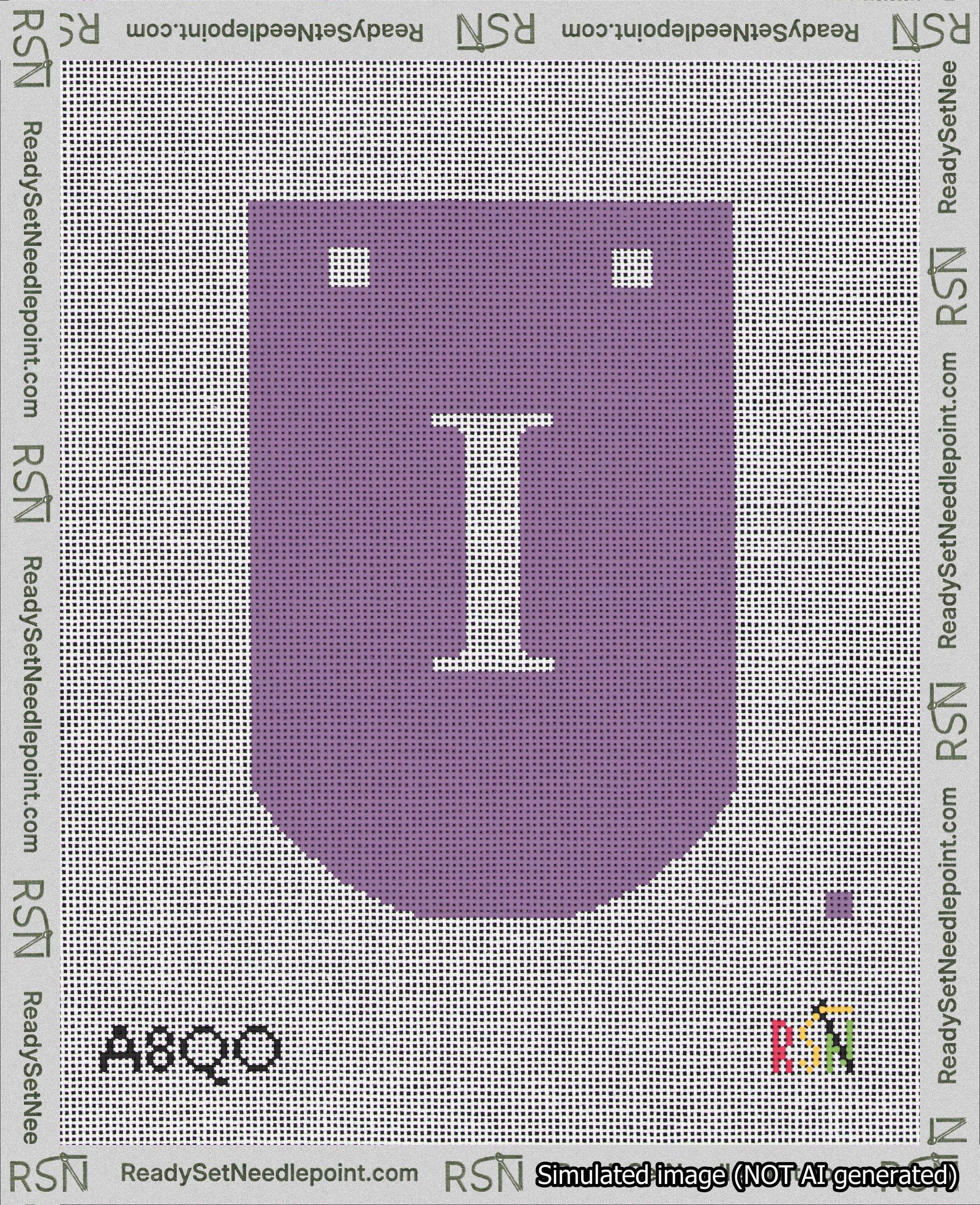 A taped needlepoint canvas with the design: Banner 18 mesh count Curved I White on Purple.
