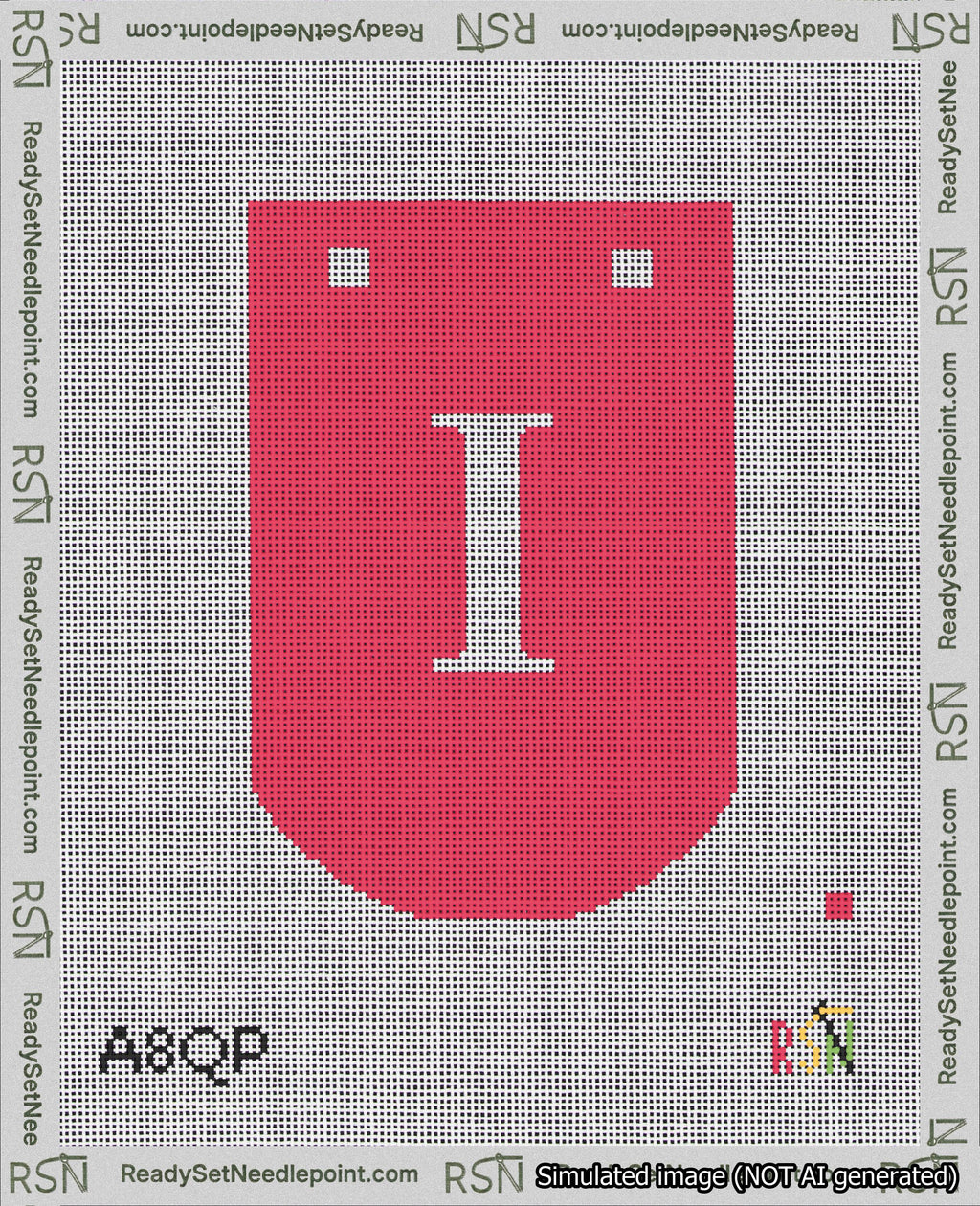 A taped needlepoint canvas with the design: Banner 18 mesh count Curved I White on Red.