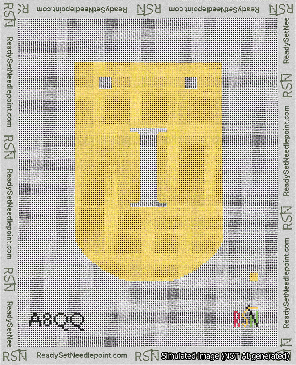 A taped needlepoint canvas with the design: Banner 18 mesh count Curved I White on Yellow.