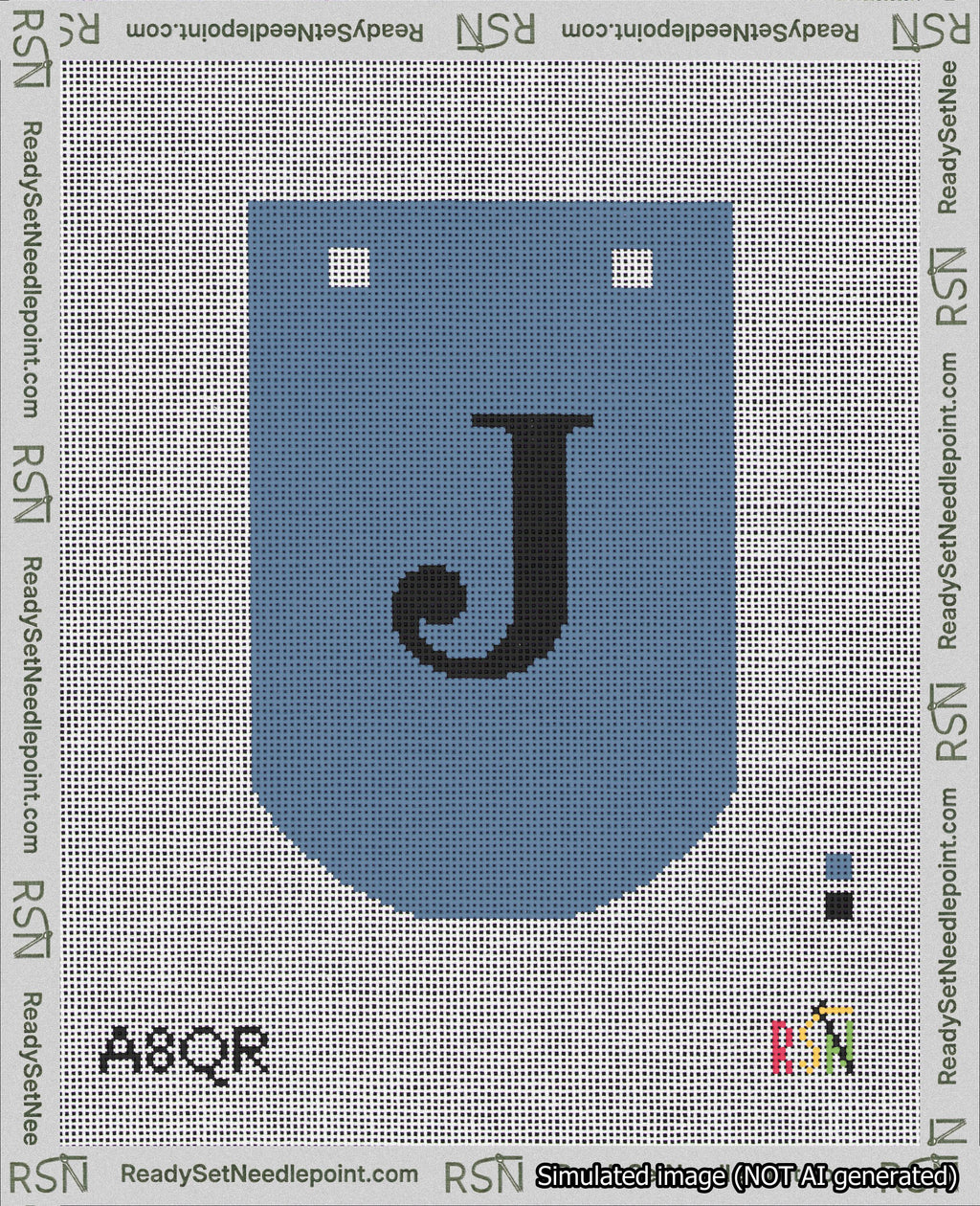 A taped needlepoint canvas with the design: Banner 18 mesh count Curved J Black on Blue.