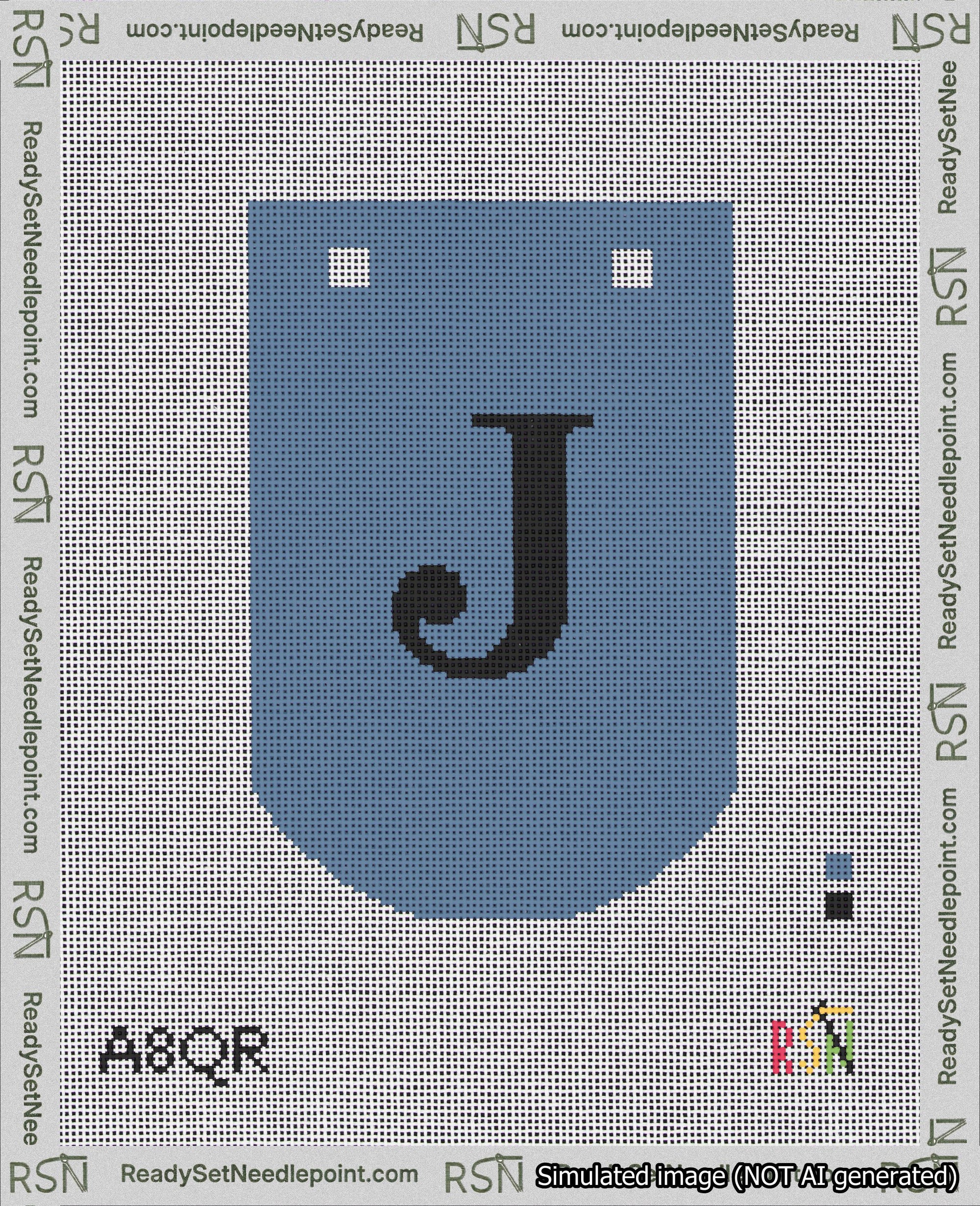 A taped needlepoint canvas with the design: Banner 18 mesh count Curved J Black on Blue.