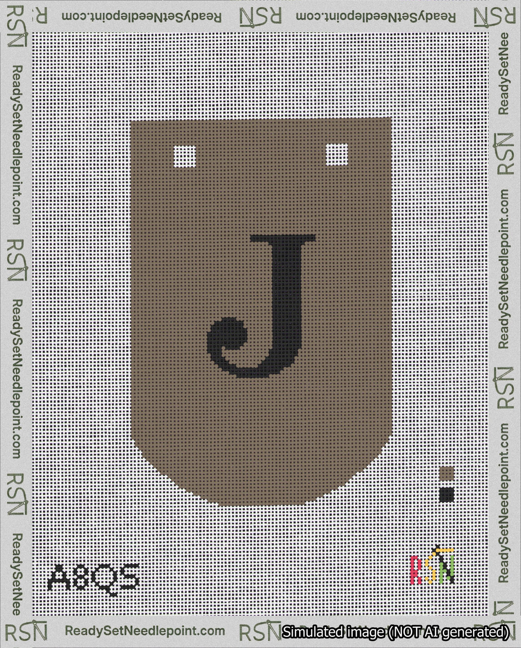 A taped needlepoint canvas with the design: Banner 18 mesh count Curved J Black on Brown.