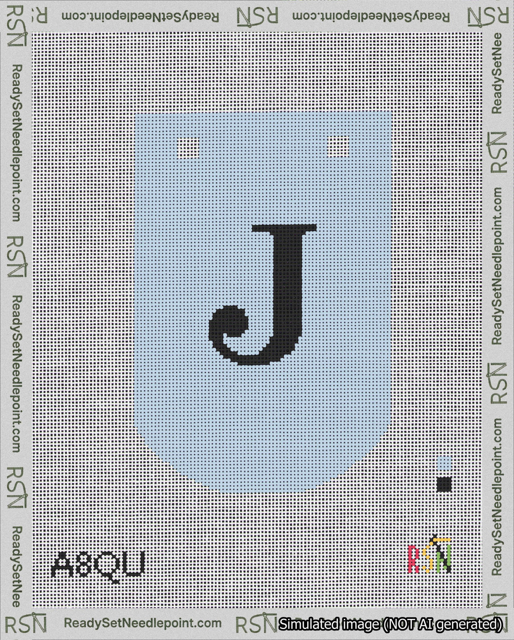 A taped needlepoint canvas with the design: Banner 18 mesh count Curved J Black on Light Blue.