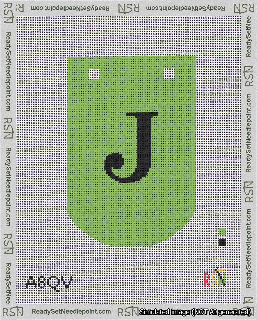 A taped needlepoint canvas with the design: Banner 18 mesh count Curved J Black on Light Green.