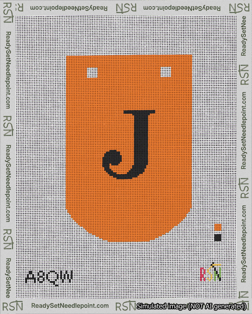 A taped needlepoint canvas with the design: Banner 18 mesh count Curved J Black on Orange.