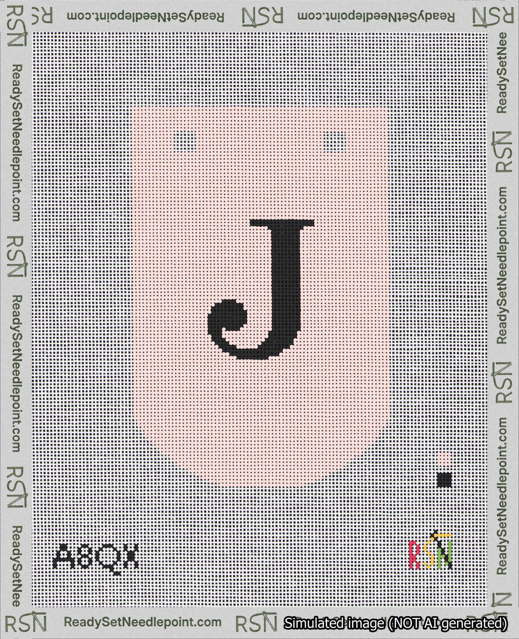 A taped needlepoint canvas with the design: Banner 18 mesh count Curved J Black on Pink.