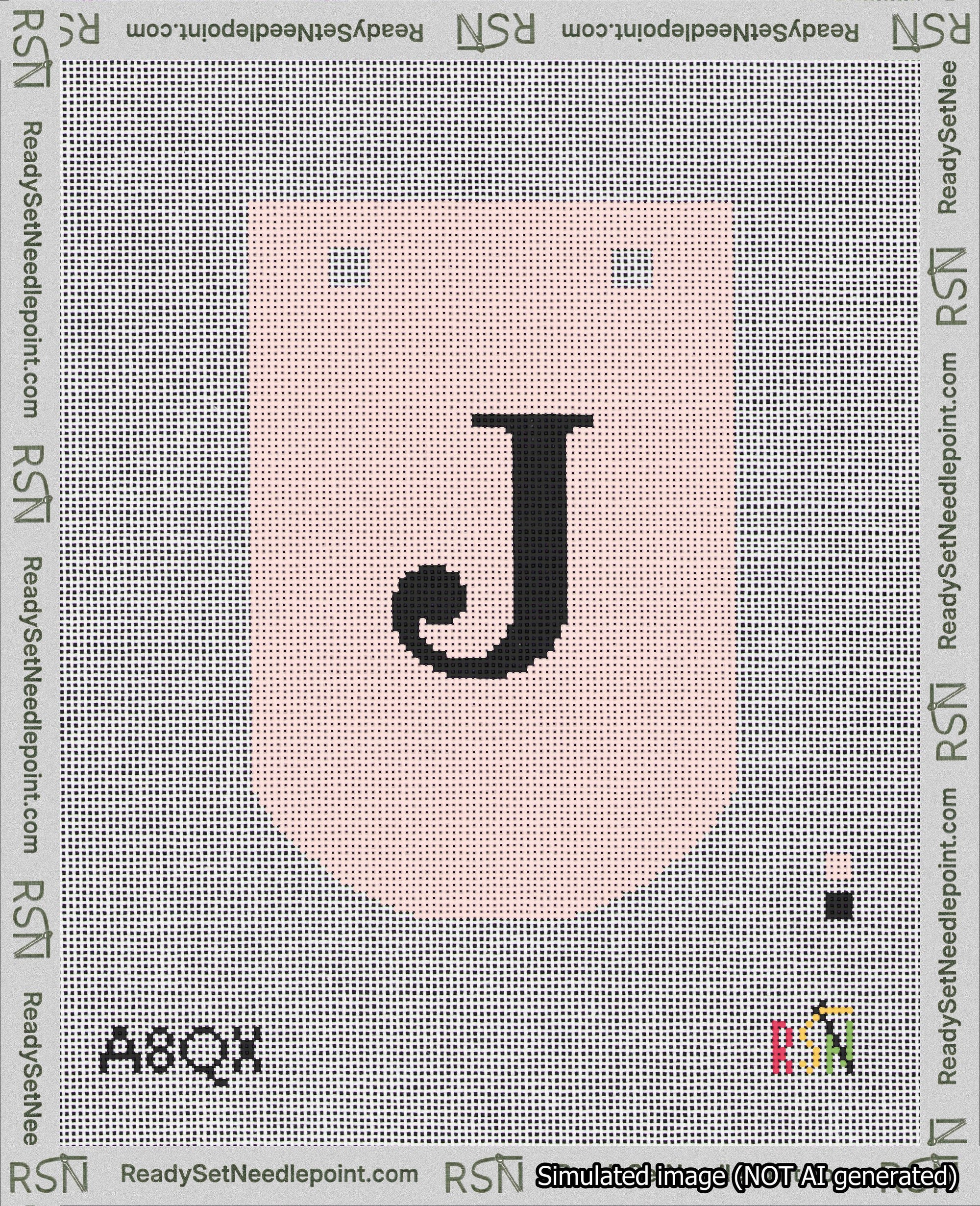 A taped needlepoint canvas with the design: Banner 18 mesh count Curved J Black on Pink.