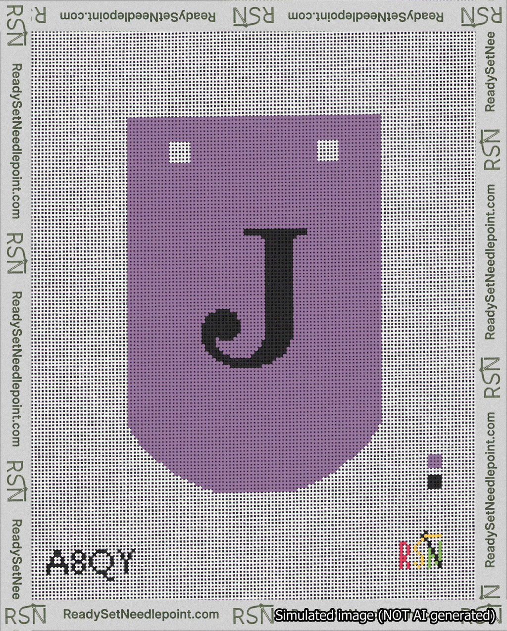 A taped needlepoint canvas with the design: Banner 18 mesh count Curved J Black on Purple.
