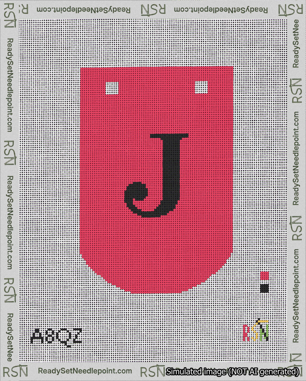 A taped needlepoint canvas with the design: Banner 18 mesh count Curved J Black on Red.
