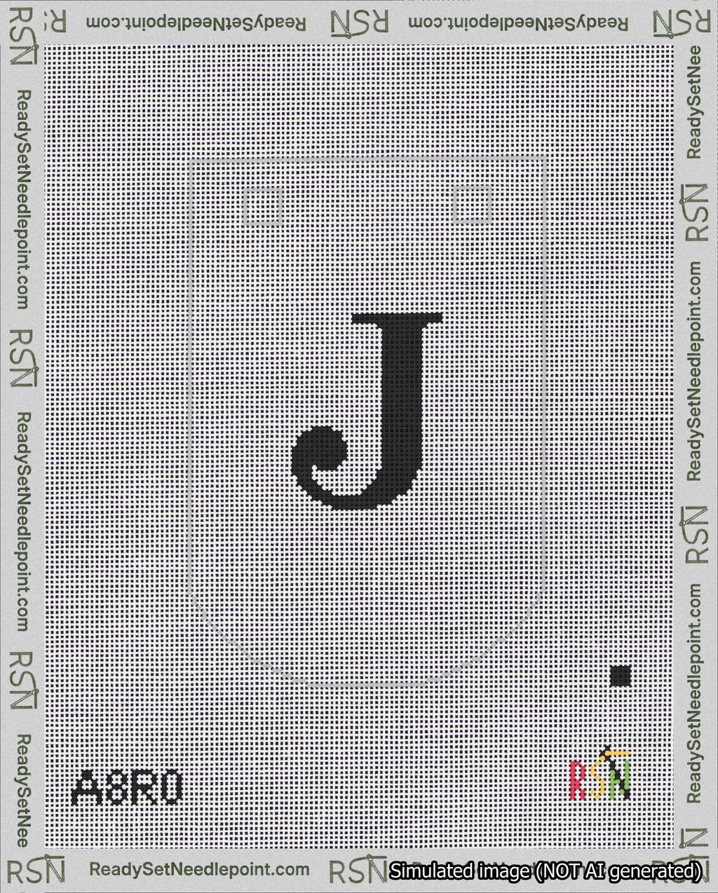 A taped needlepoint canvas with the design: Banner 18 mesh count Curved J Black on White.