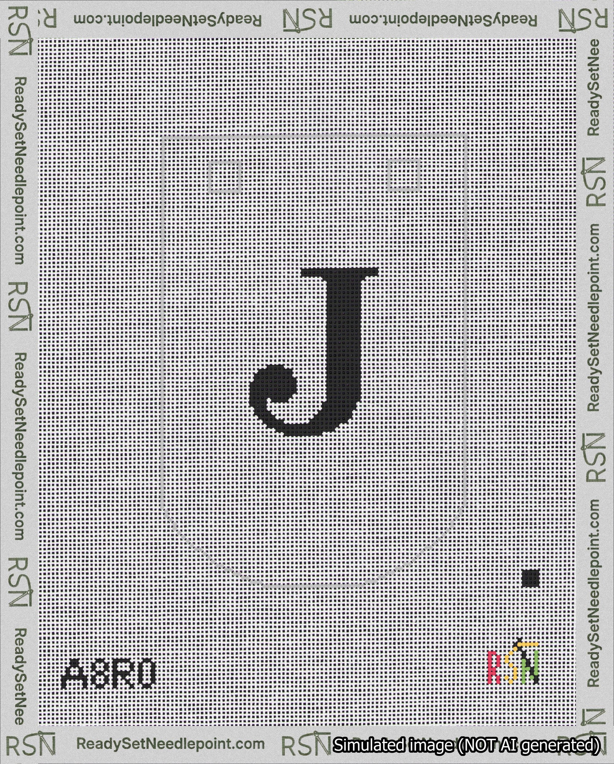 A taped needlepoint canvas with the design: Banner 18 mesh count Curved J Black on White.