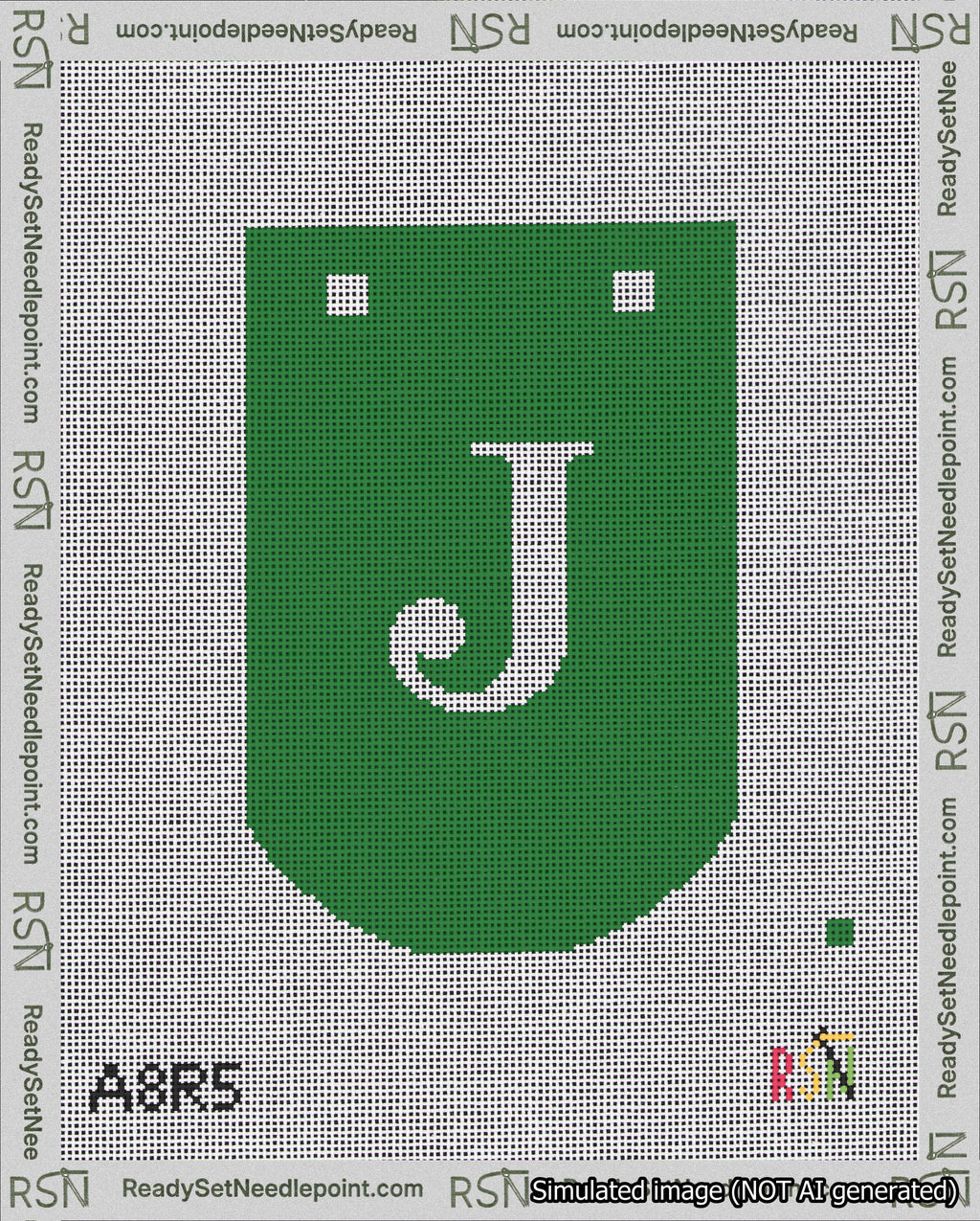 A taped needlepoint canvas with the design: Banner 18 mesh count Curved J White on Green.