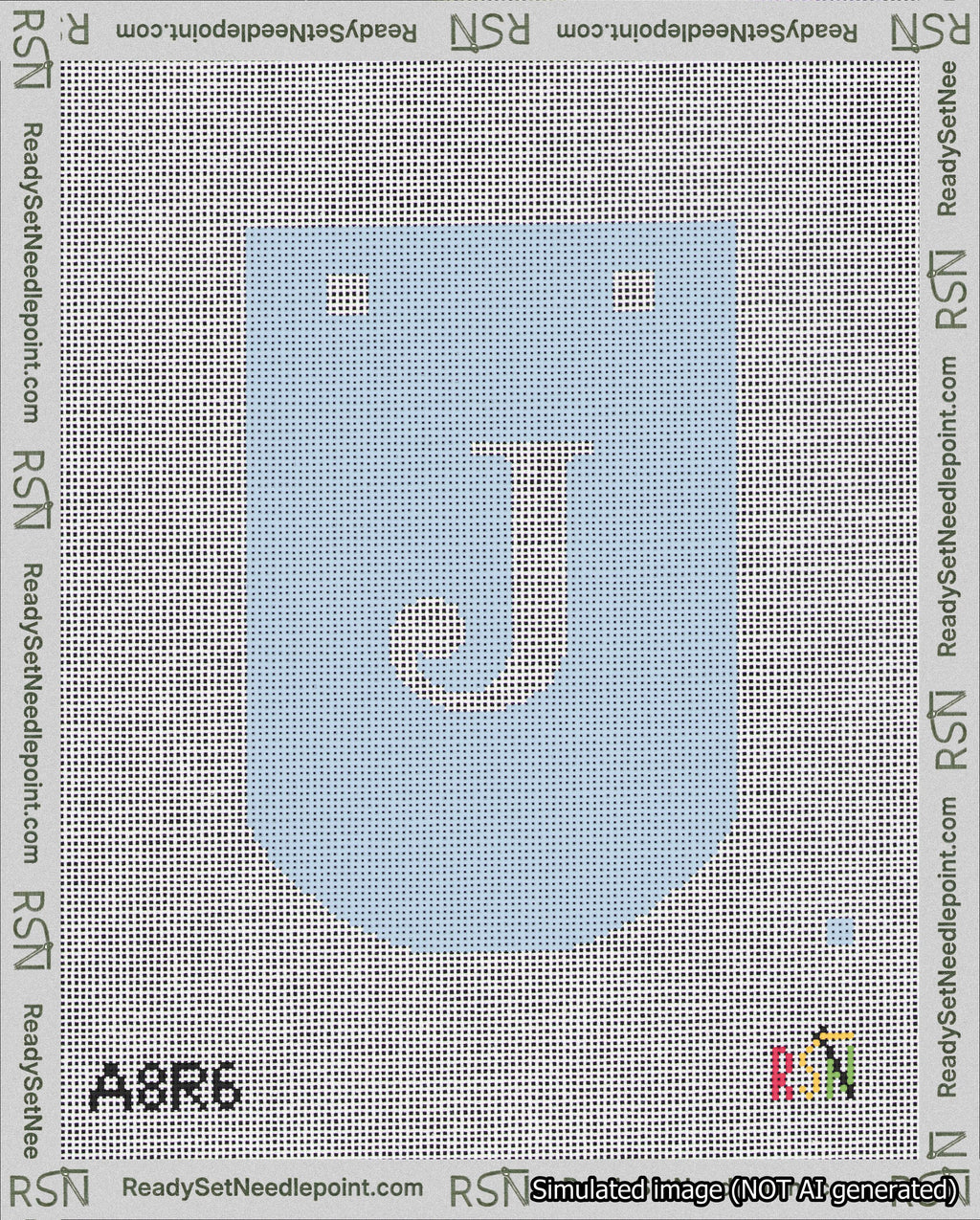 A taped needlepoint canvas with the design: Banner 18 mesh count Curved J White on Light Blue.