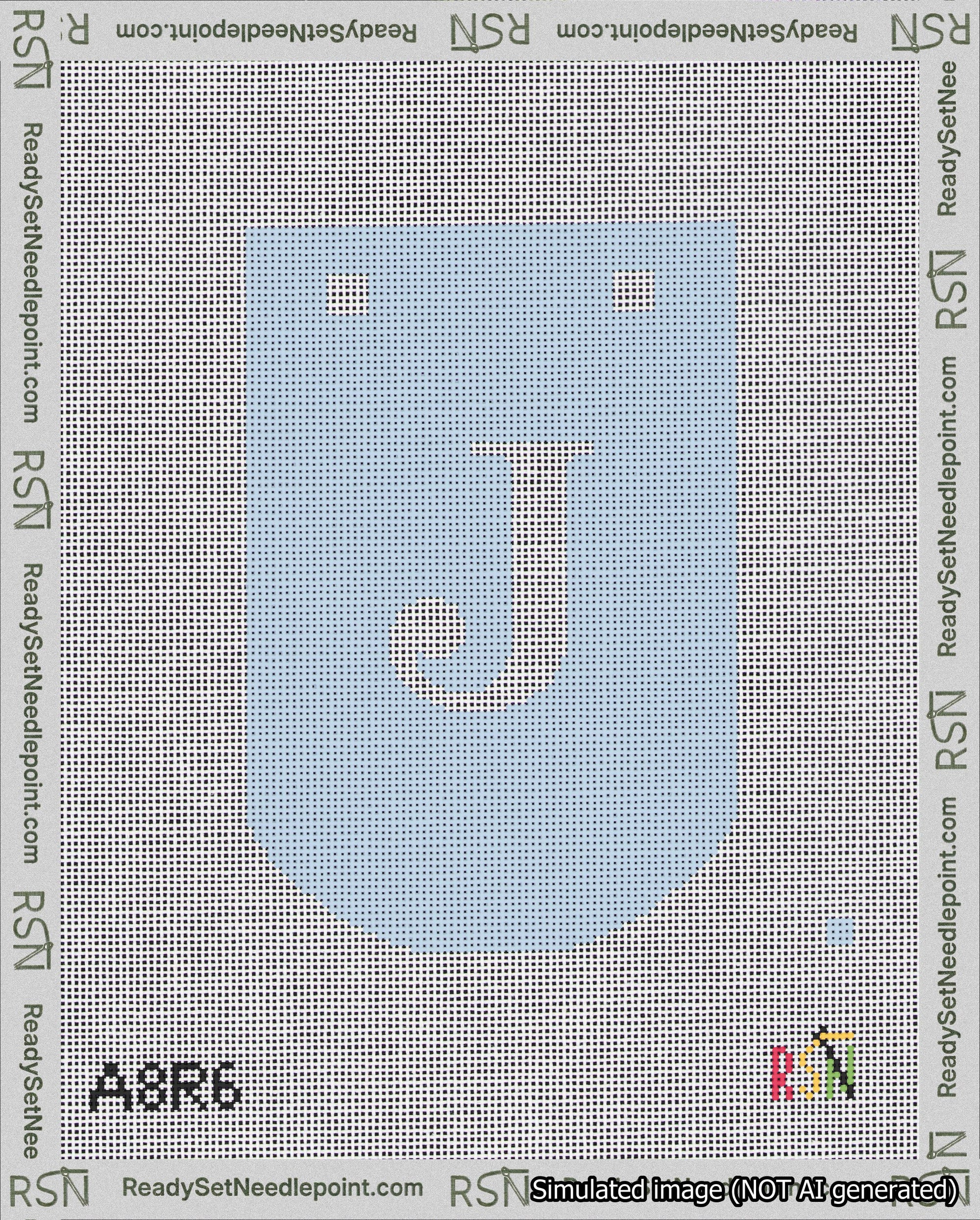 A taped needlepoint canvas with the design: Banner 18 mesh count Curved J White on Light Blue.
