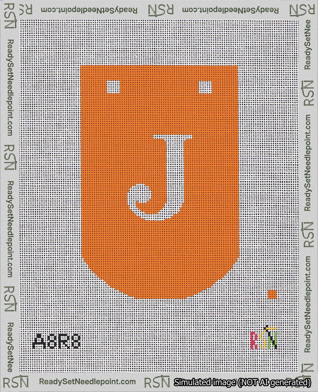 A taped needlepoint canvas with the design: Banner 18 mesh count Curved J White on Orange.