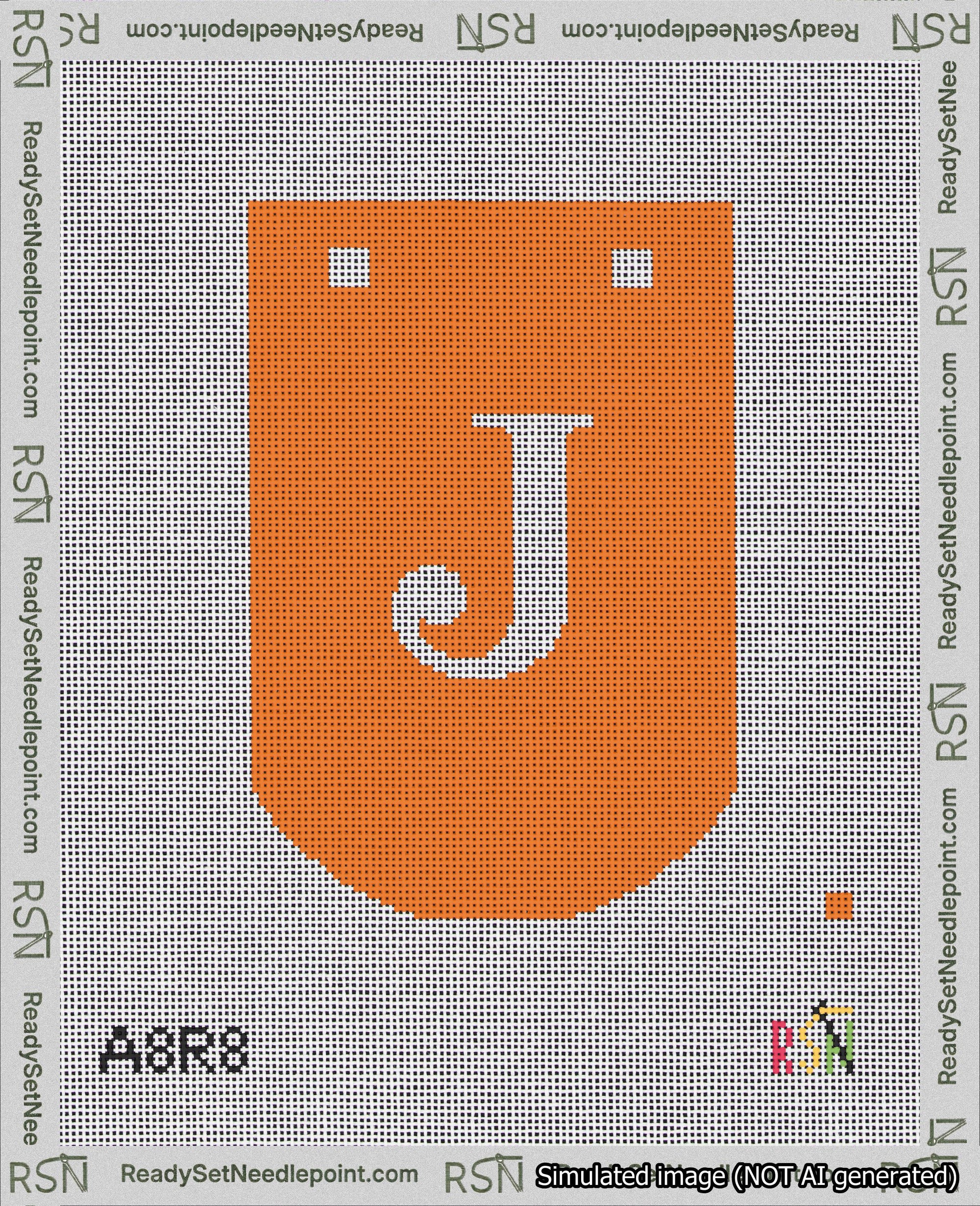 A taped needlepoint canvas with the design: Banner 18 mesh count Curved J White on Orange.