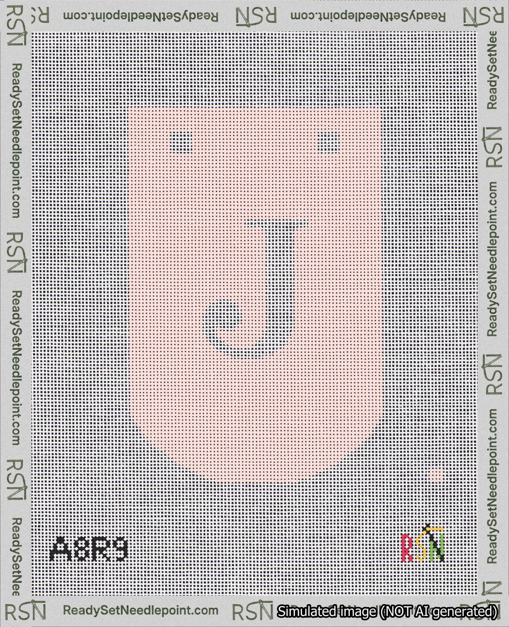 A taped needlepoint canvas with the design: Banner 18 mesh count Curved J White on Pink.