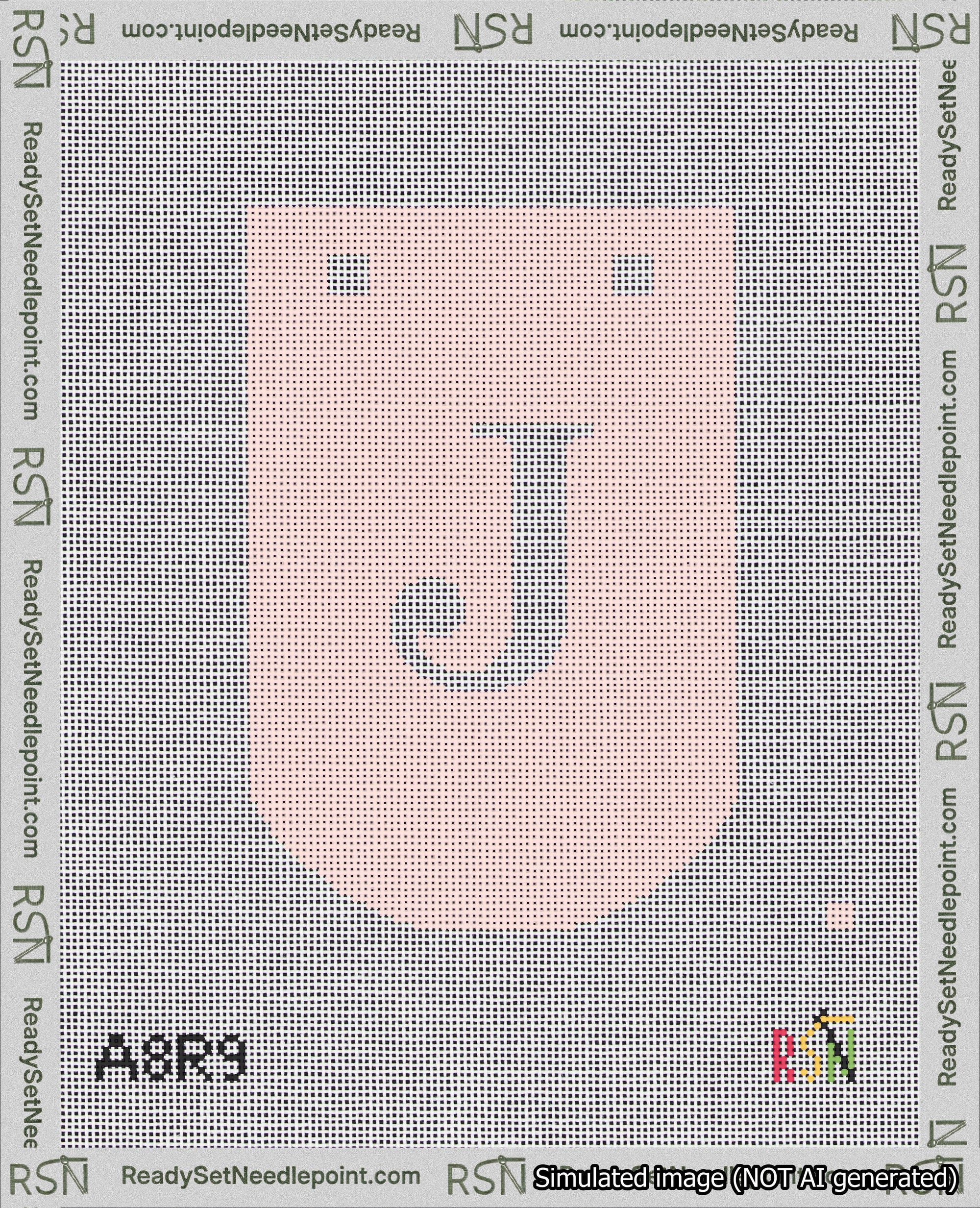A taped needlepoint canvas with the design: Banner 18 mesh count Curved J White on Pink.