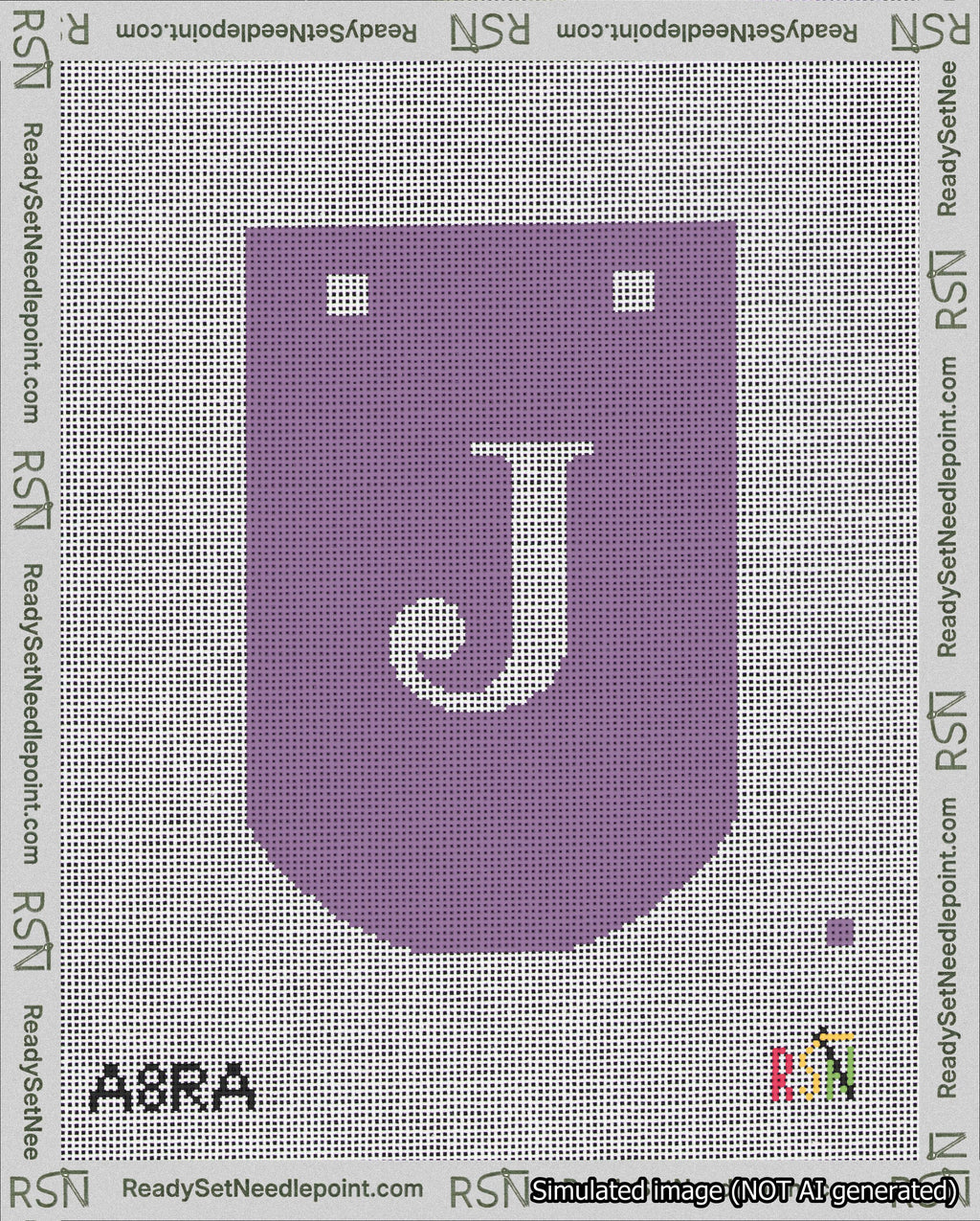 A taped needlepoint canvas with the design: Banner 18 mesh count Curved J White on Purple.
