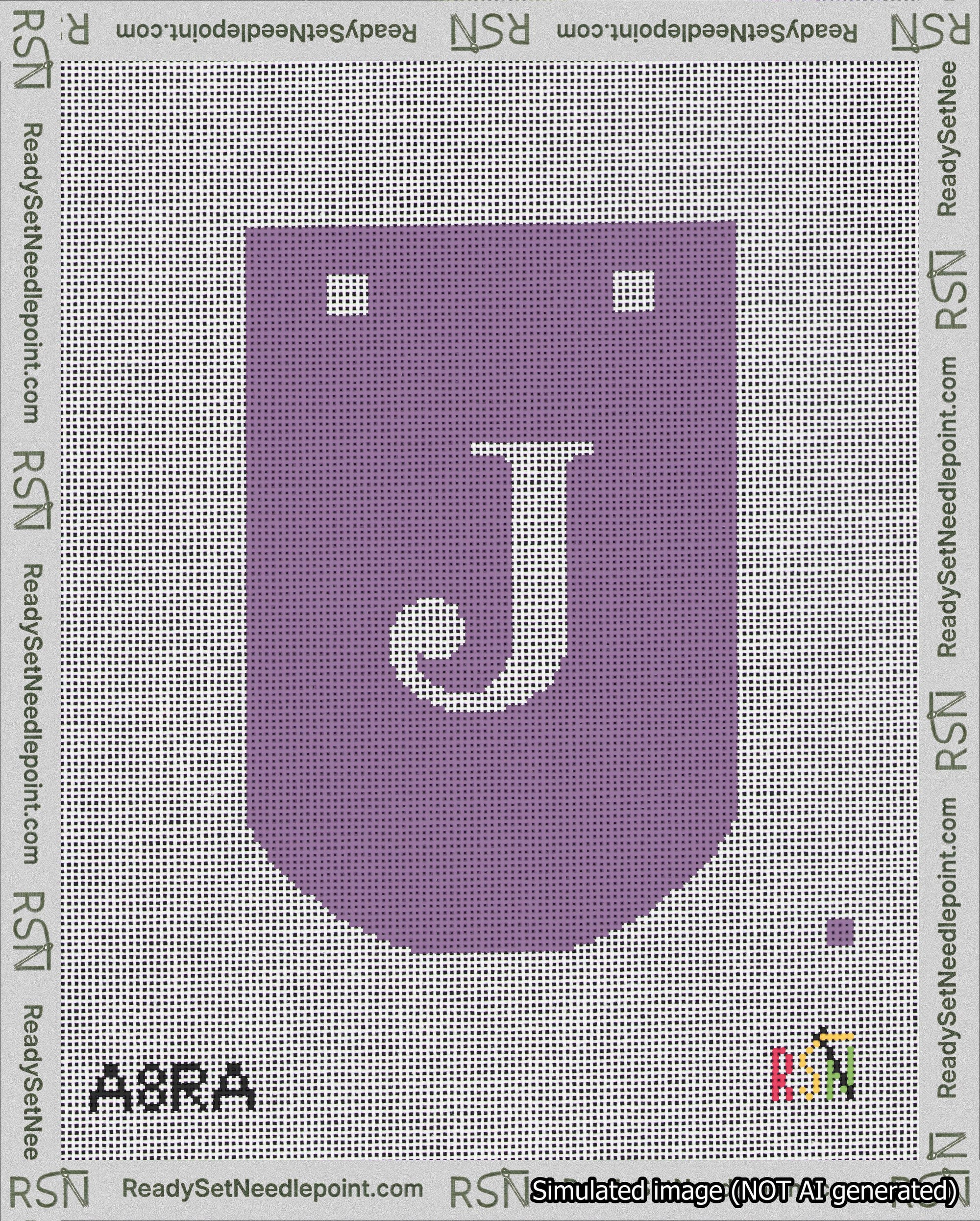A taped needlepoint canvas with the design: Banner 18 mesh count Curved J White on Purple.