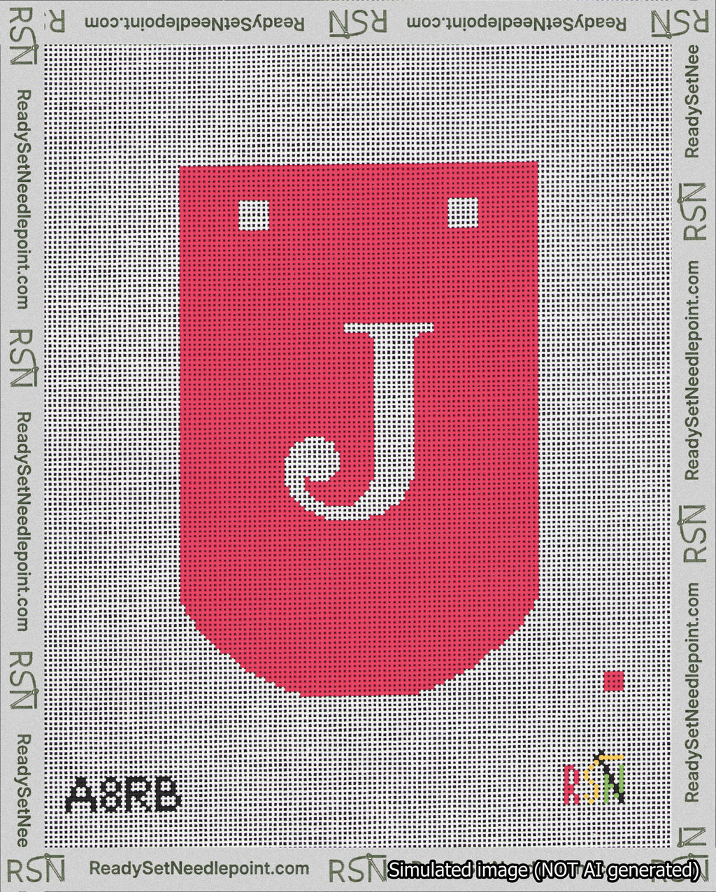 A taped needlepoint canvas with the design: Banner 18 mesh count Curved J White on Red.