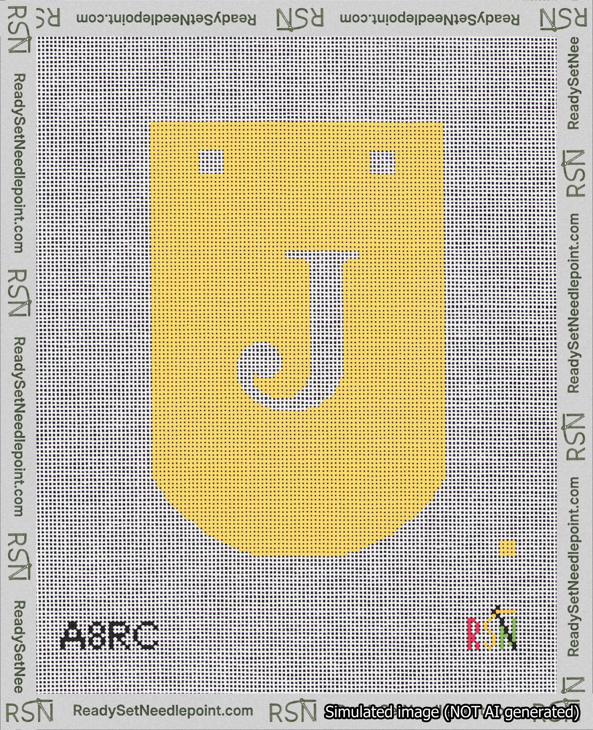 A taped needlepoint canvas with the design: Banner 18 mesh count Curved J White on Yellow.
