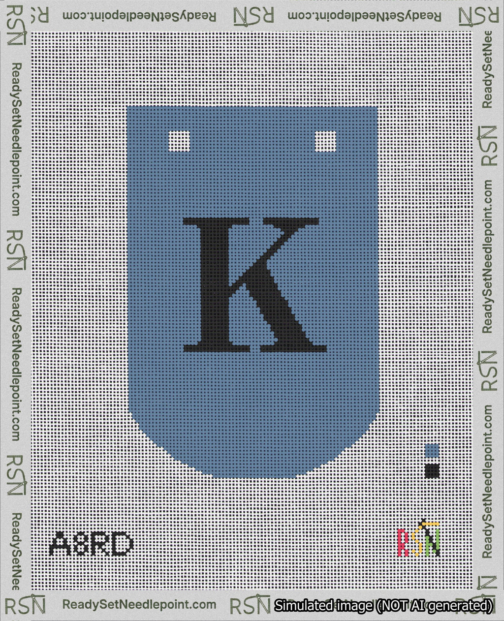 A taped needlepoint canvas with the design: Banner 18 mesh count Curved K Black on Blue.