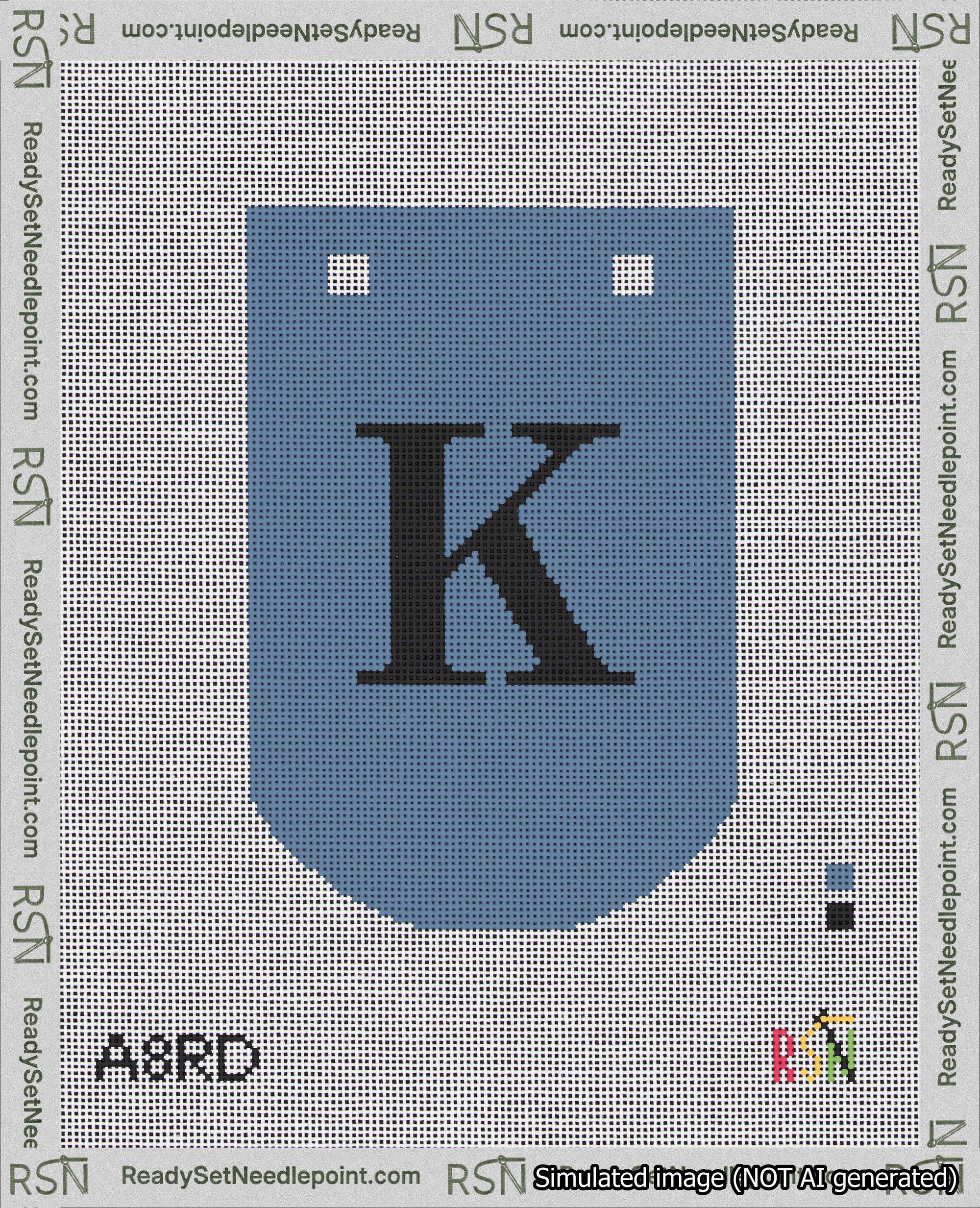 A taped needlepoint canvas with the design: Banner 18 mesh count Curved K Black on Blue.