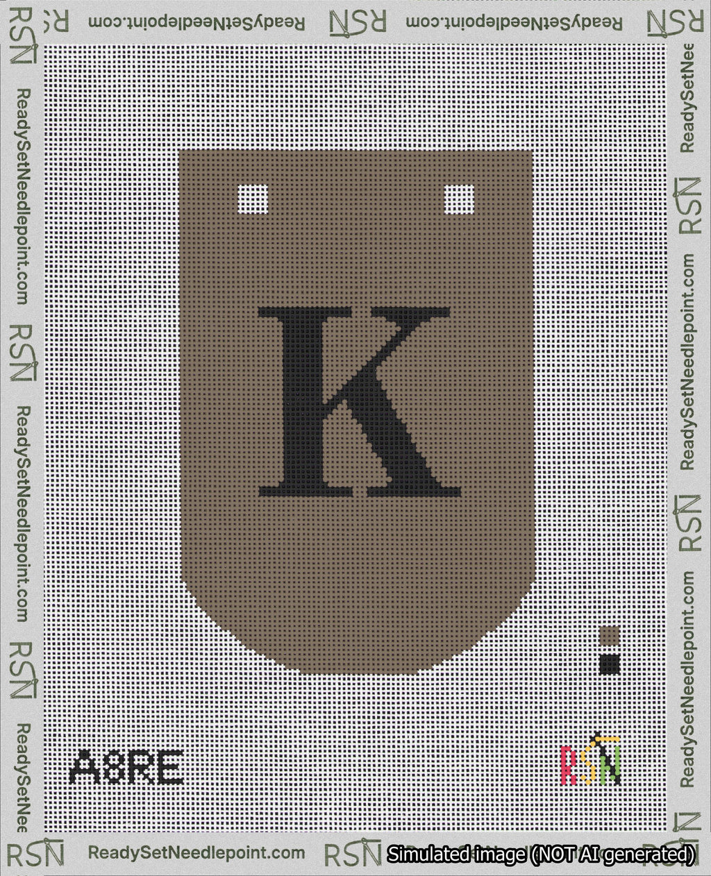 A taped needlepoint canvas with the design: Banner 18 mesh count Curved K Black on Brown.