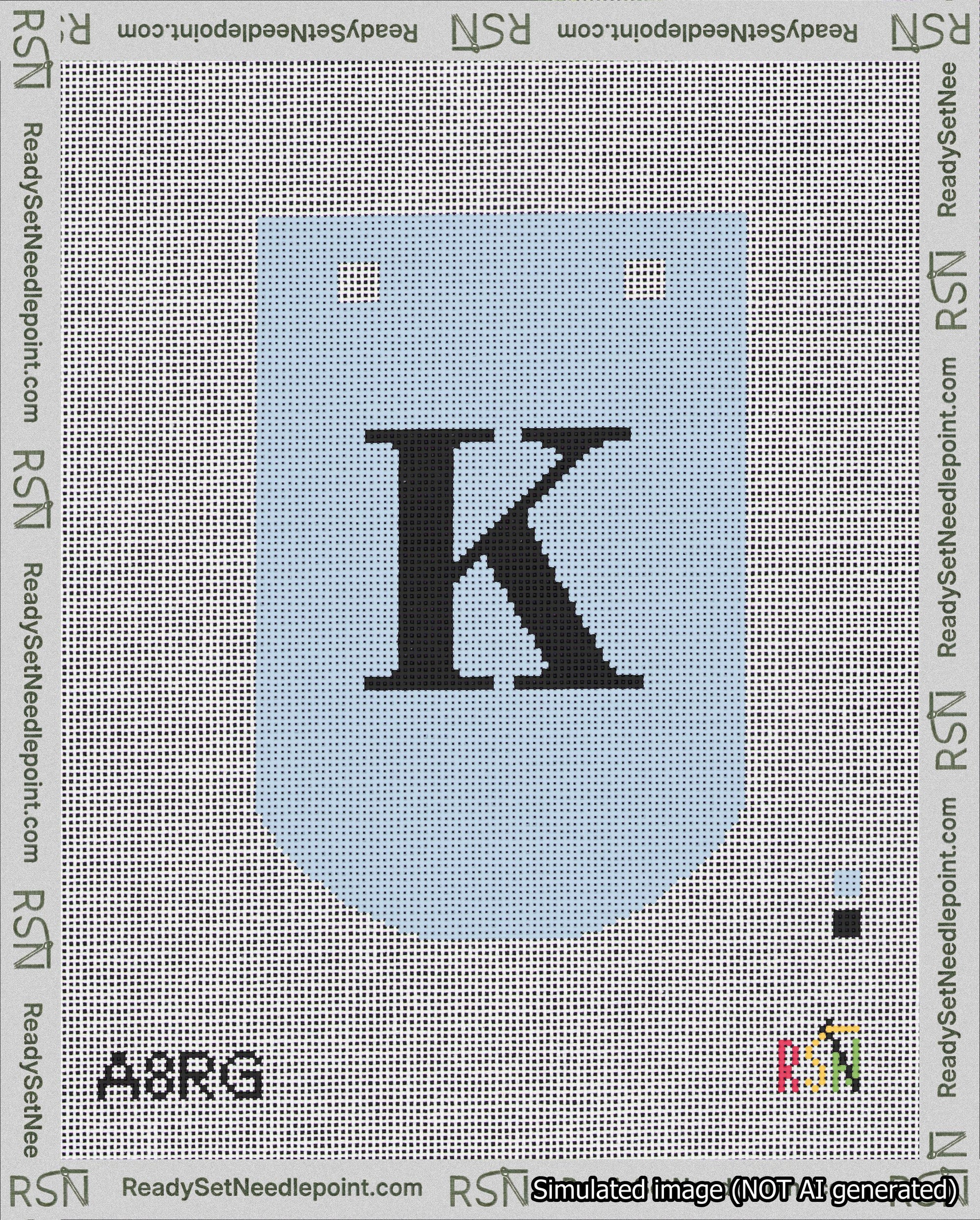 A taped needlepoint canvas with the design: Banner 18 mesh count Curved K Black on Light Blue.