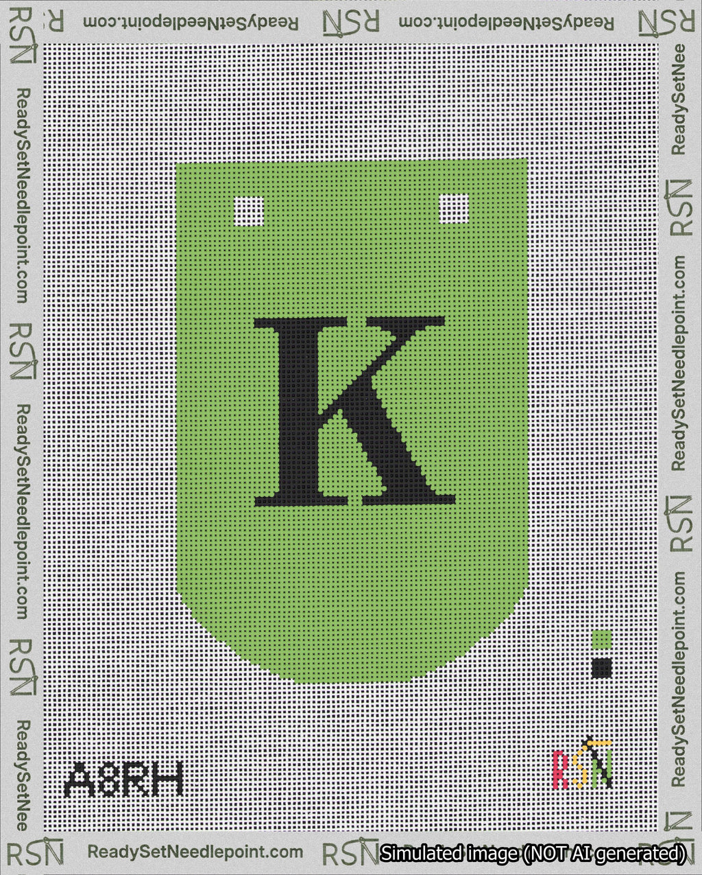 A taped needlepoint canvas with the design: Banner 18 mesh count Curved K Black on Light Green.