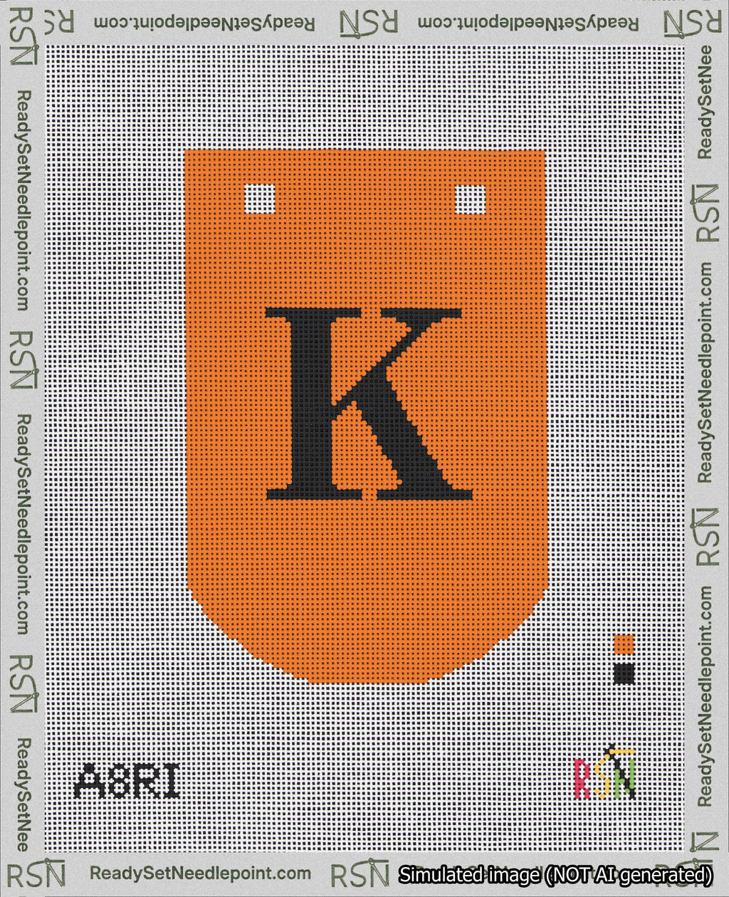 A taped needlepoint canvas with the design: Banner 18 mesh count Curved K Black on Orange.