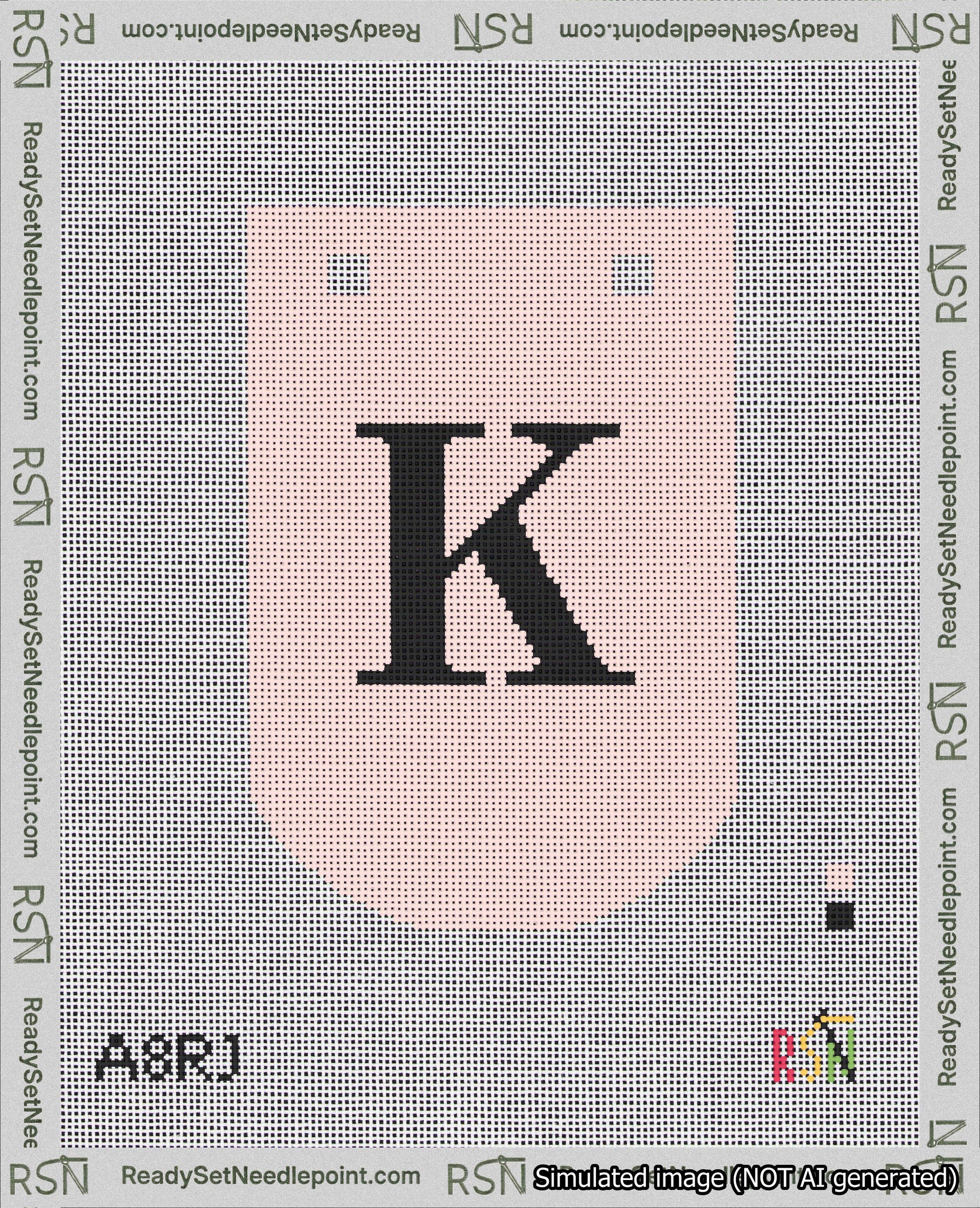 A taped needlepoint canvas with the design: Banner 18 mesh count Curved K Black on Pink.