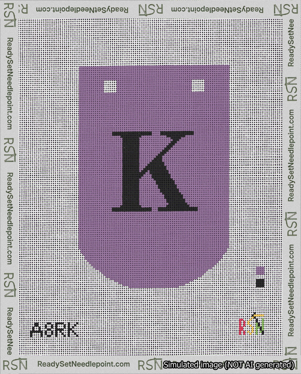 A taped needlepoint canvas with the design: Banner 18 mesh count Curved K Black on Purple.