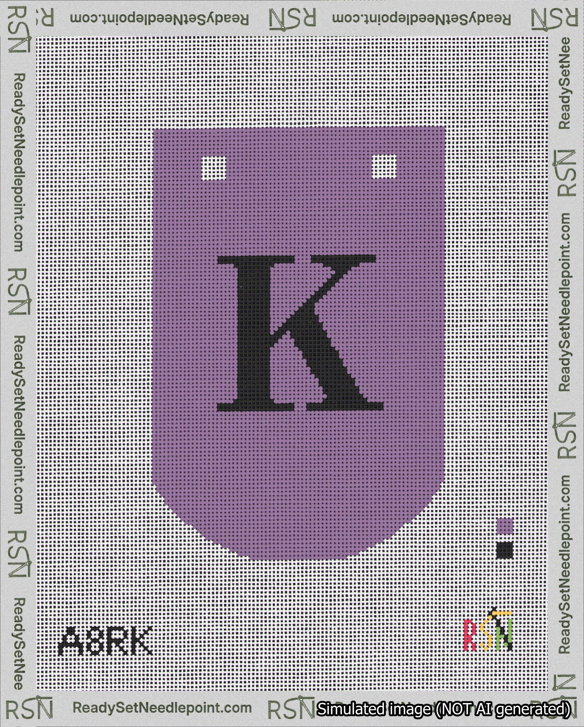 A taped needlepoint canvas with the design: Banner 18 mesh count Curved K Black on Purple.