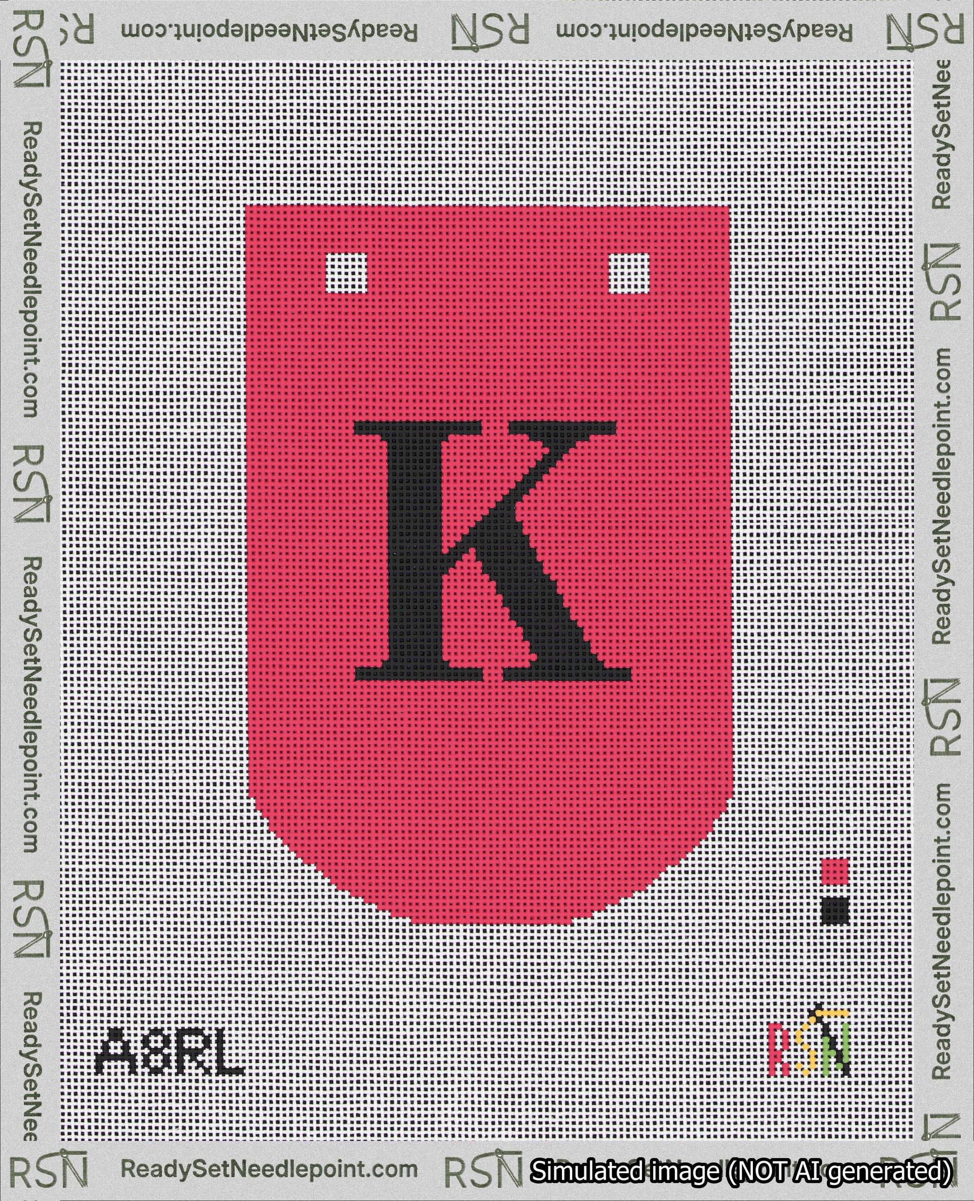 A taped needlepoint canvas with the design: Banner 18 mesh count Curved K Black on Red.