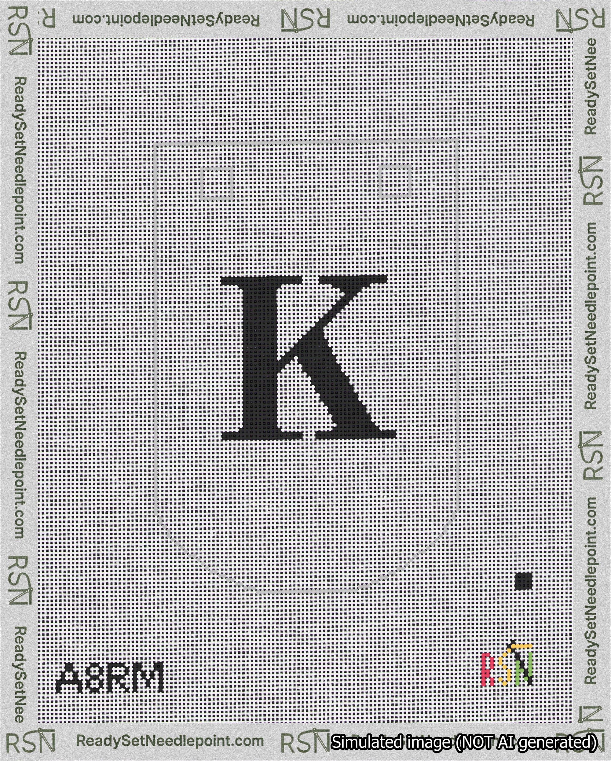 A taped needlepoint canvas with the design: Banner 18 mesh count Curved K Black on White.