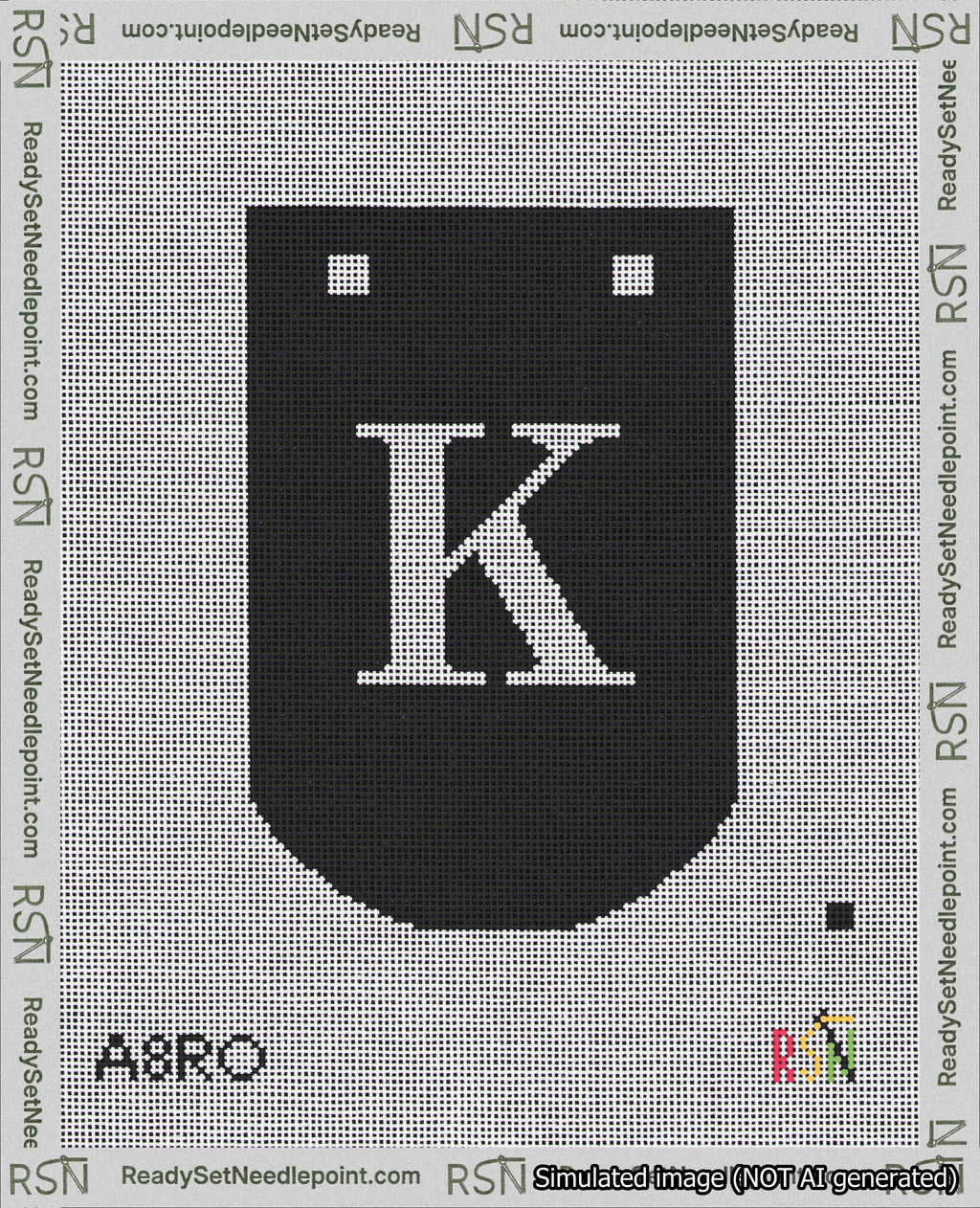A taped needlepoint canvas with the design: Banner 18 mesh count Curved K White on Black.