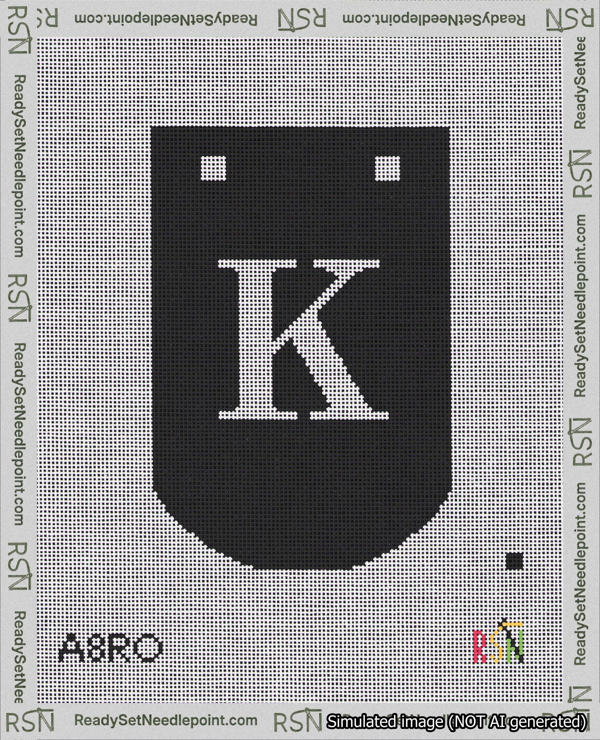 A taped needlepoint canvas with the design: Banner 18 mesh count Curved K White on Black.