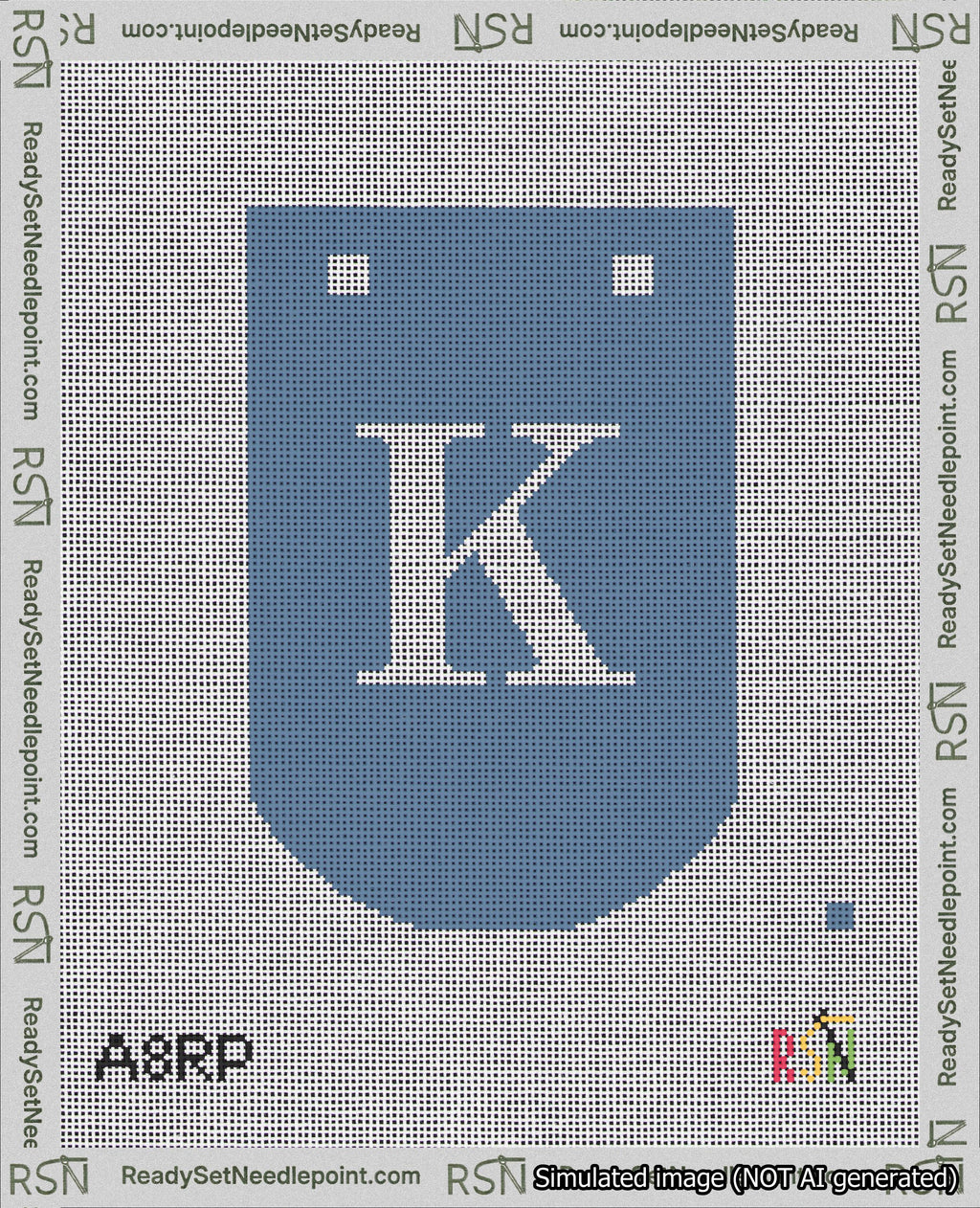 A taped needlepoint canvas with the design: Banner 18 mesh count Curved K White on Blue.