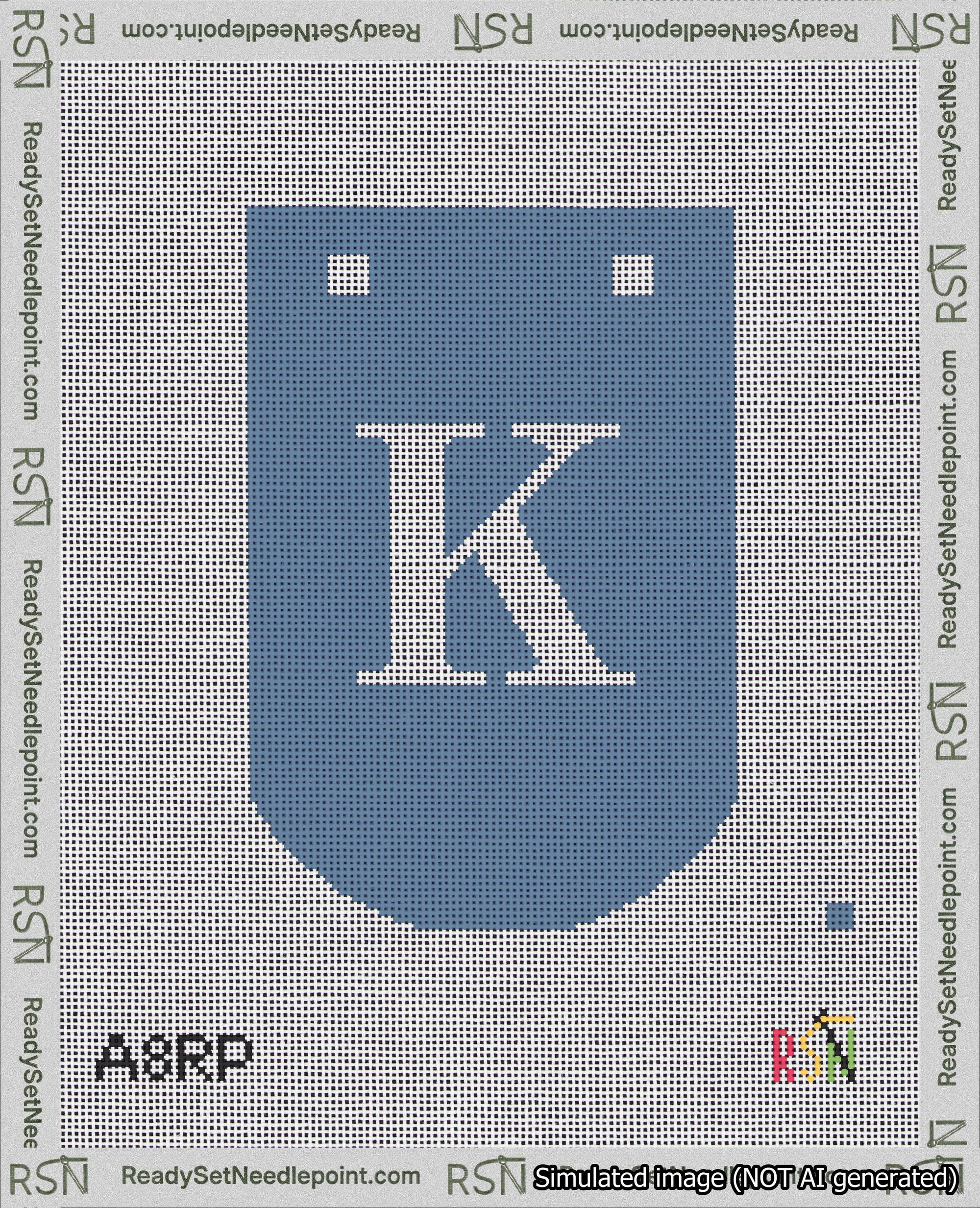 A taped needlepoint canvas with the design: Banner 18 mesh count Curved K White on Blue.